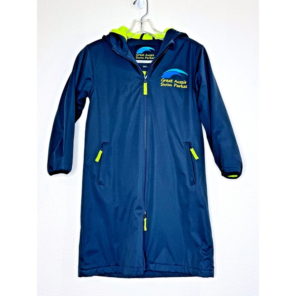 GREAT AUSSIE SWIM PARKA Swim Robe Jacket Unisex Kid 8 Navy Lime Green Terry NWOT